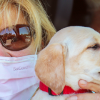 woman, mask, puppy