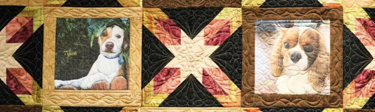 quilt front, quilt back, multi color, dog photos