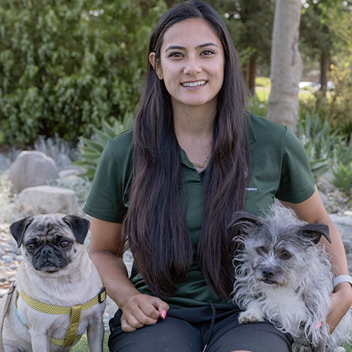 Headshot of Jasmine Versales sitting outside with two small dogs.