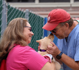 Woman and man cuddle labrador puppy