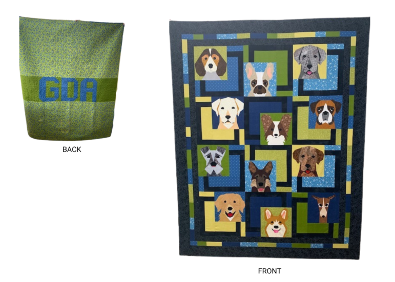 2024 Quilt named Pieces of Our Dogs. Quilt includes 12 different dogs in with a variety of background colors including, yellow, green, and blue.