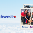 Southwest Logo with some polaroid pics to the right featuring Southwest staff and a GDA | TLC service dog. The background is the sky.