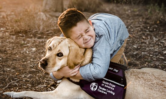 young boy hugging yellow Lab