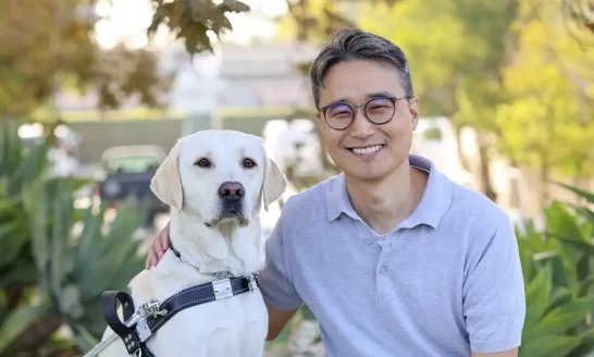 man, yellow lab, guide dog